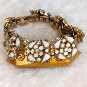 Vintage Enamel Wild Rose, Milk Glass, & Rhinestone Book Chain Gold Tone Bracelet